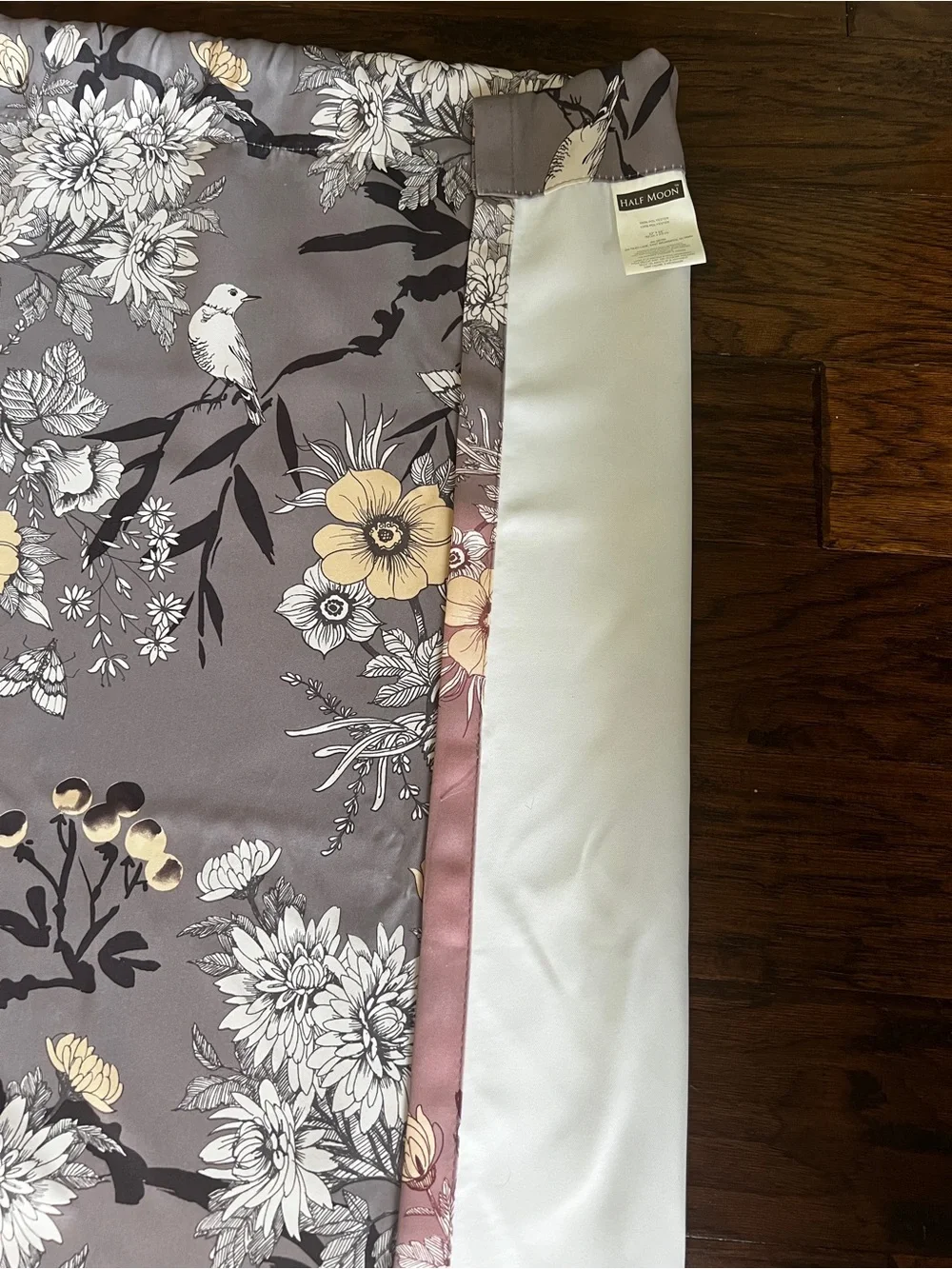 4 Floral Satin Curtain Panels in Gray with Yellow Accents
